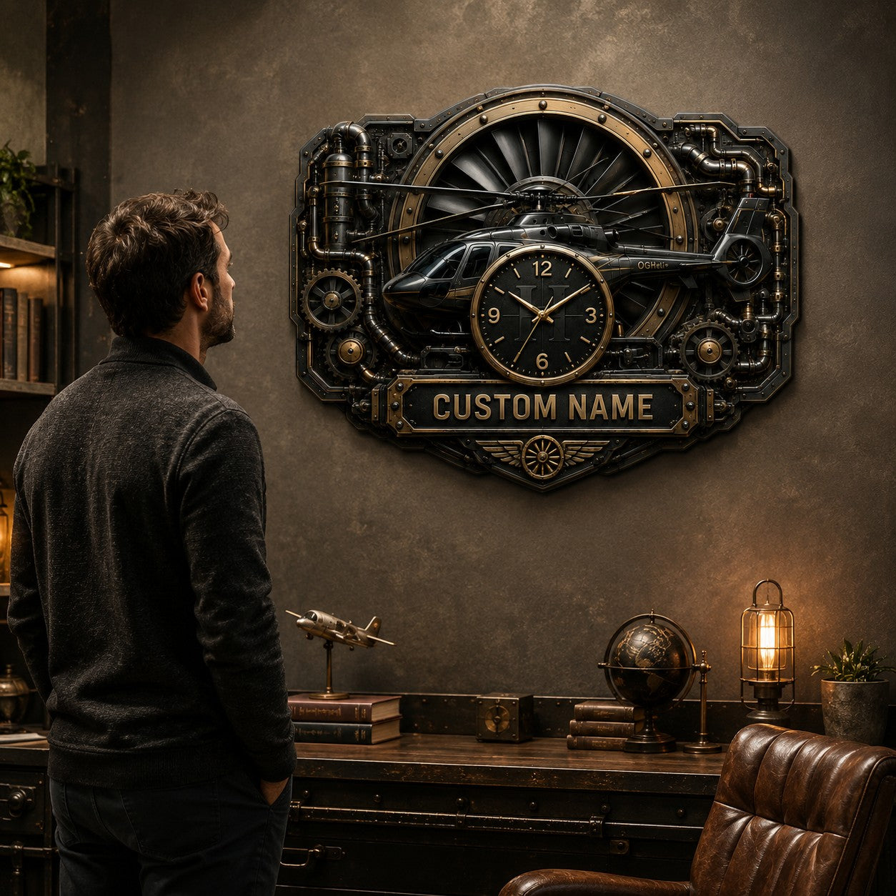 Steampunk Aviation Enthusiasts Custom Name Wall Clock — personalized with a custom name