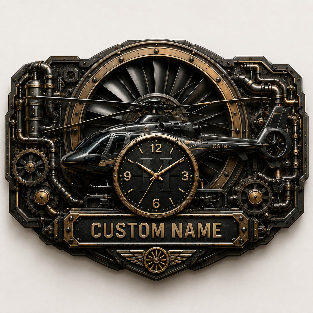 Steampunk Aviation Enthusiasts Custom Name Wall Clock — personalized with a custom name