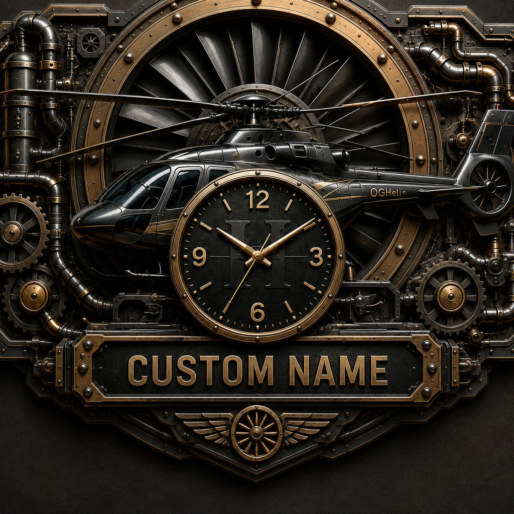 Steampunk Aviation Enthusiasts Custom Name Wall Clock — personalized with a custom name