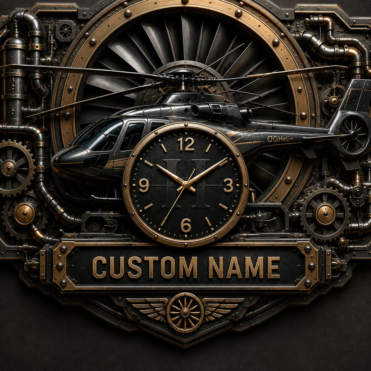 Steampunk Aviation Enthusiasts Custom Name Wall Clock — personalized with a custom name