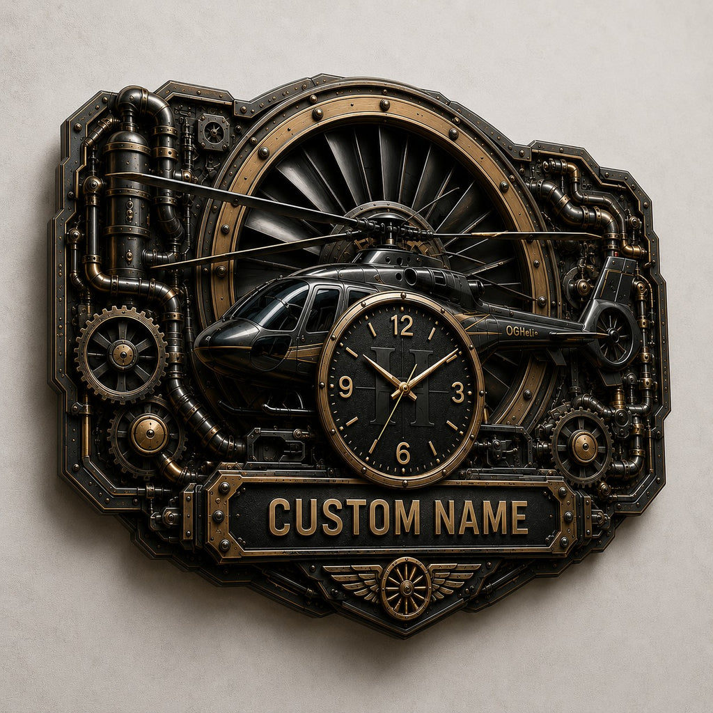 Steampunk Aviation Enthusiasts Custom Name Wall Clock — personalized with a custom name