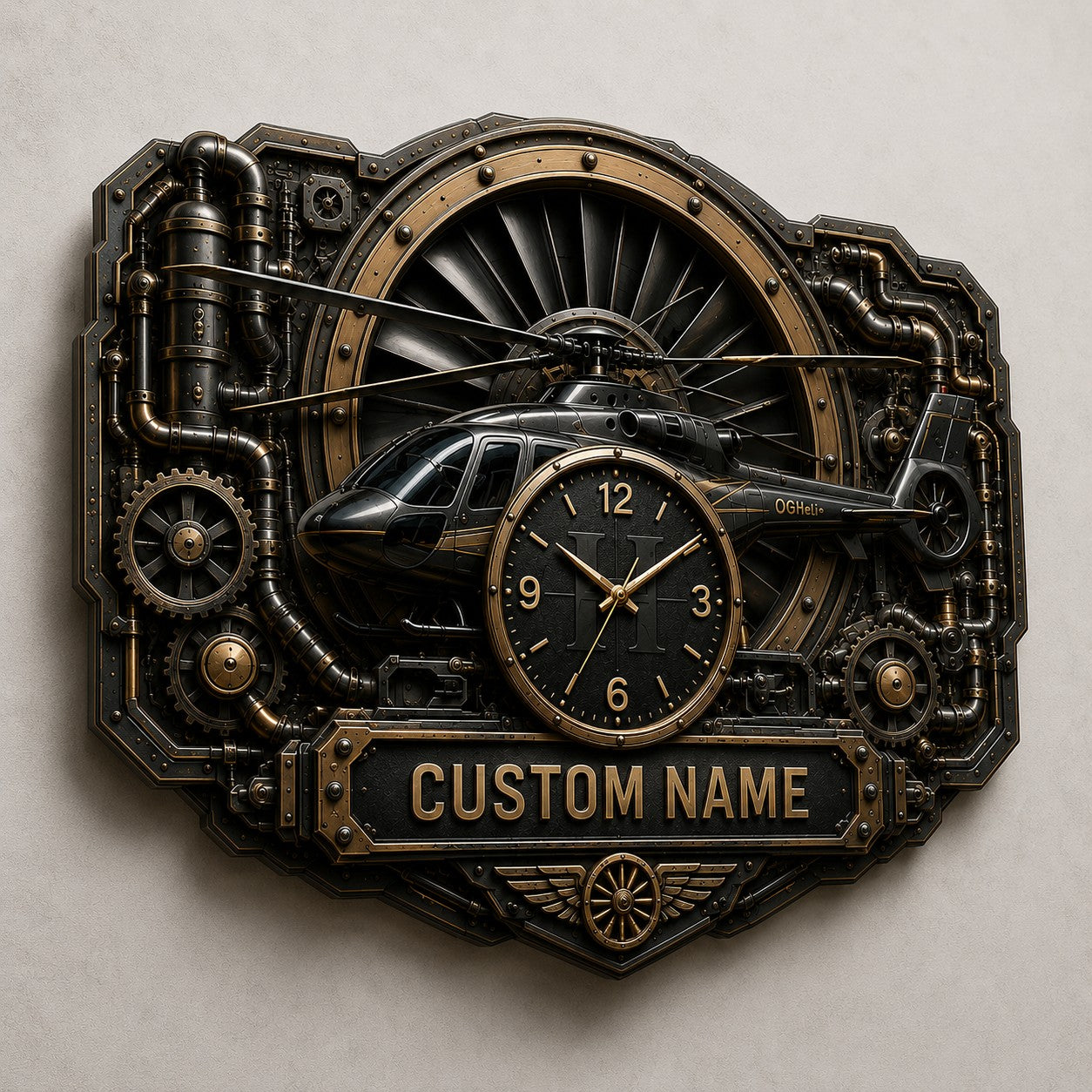 Steampunk Aviation Enthusiasts Custom Name Wall Clock — personalized with a custom name