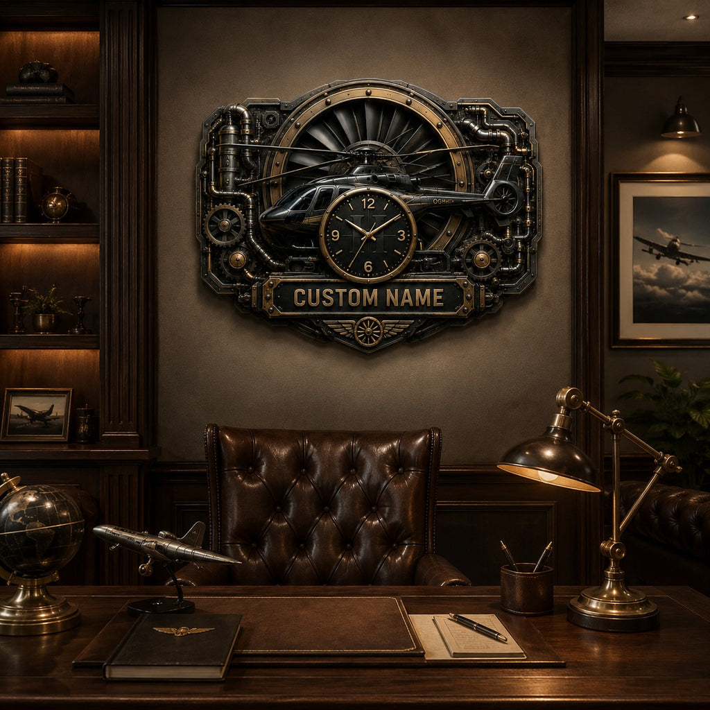 Steampunk Aviation Enthusiasts Custom Name Wall Clock — personalized with a custom name