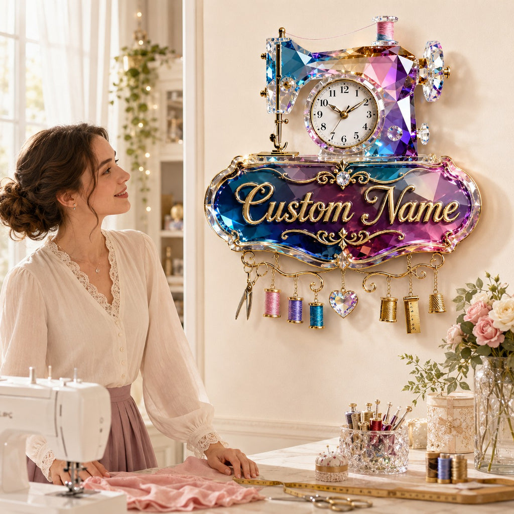 Sewing machine Custom Name Wall Clock — personalized with a custom name