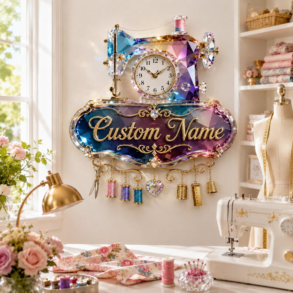 Sewing machine Custom Name Wall Clock — personalized with a custom name
