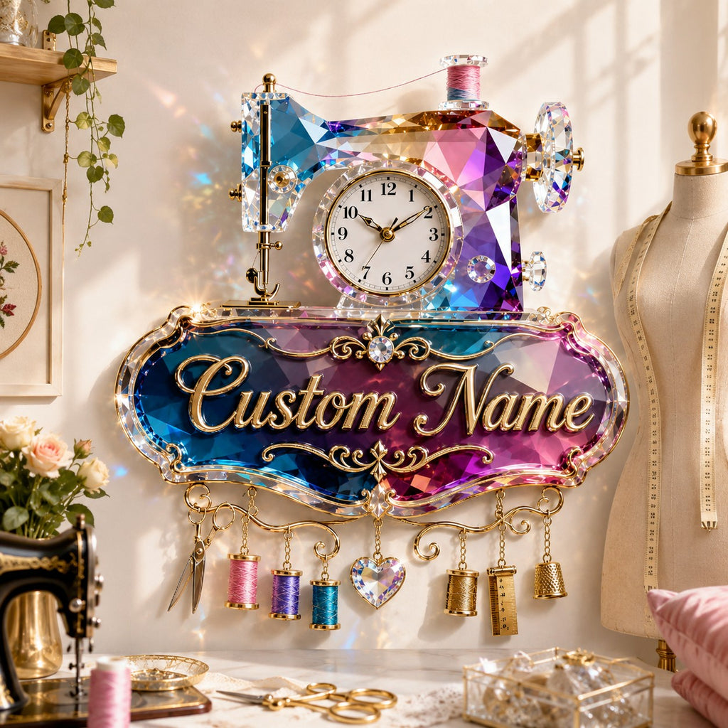 Sewing machine Custom Name Wall Clock — personalized with a custom name