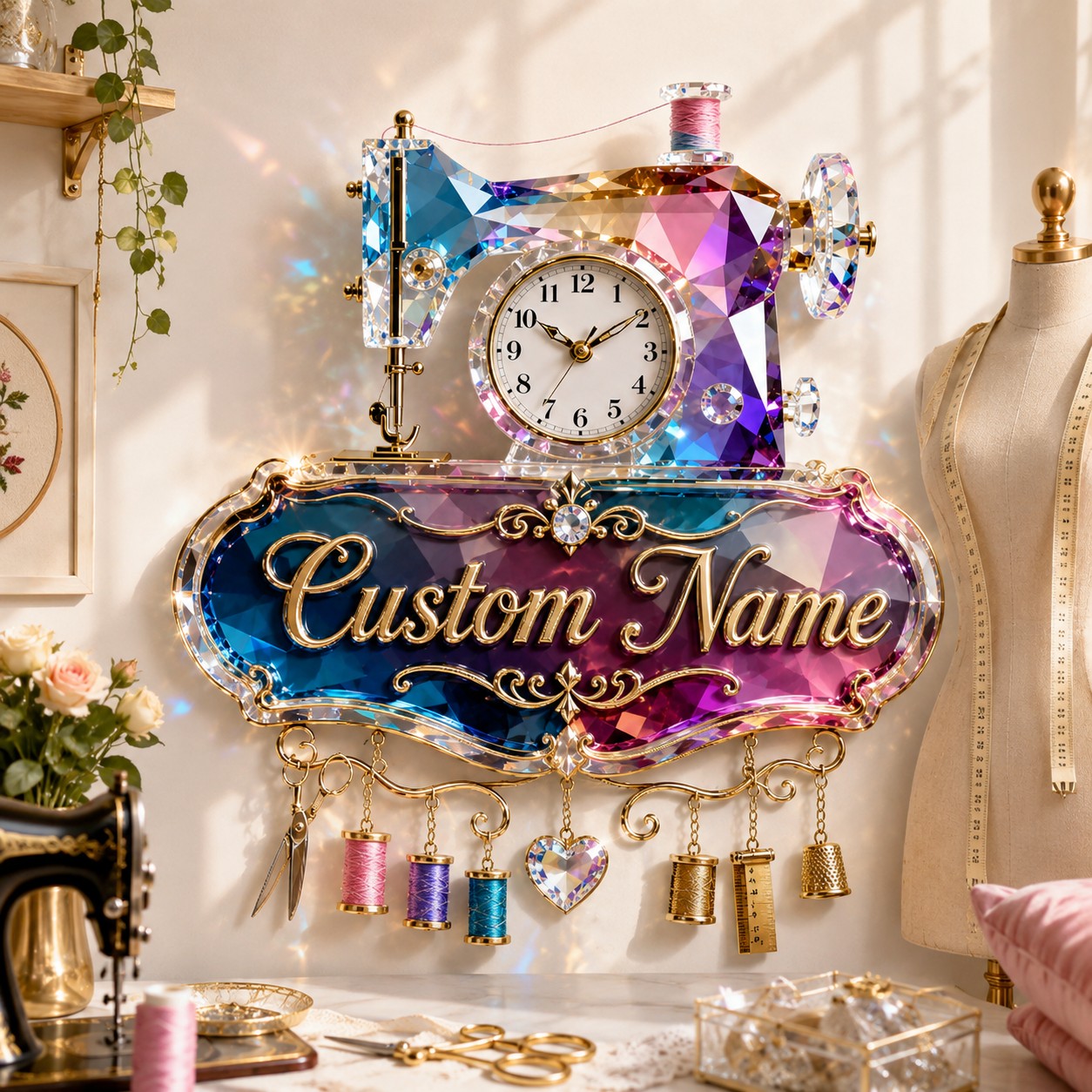 Sewing machine Custom Name Wall Clock — personalized with a custom name