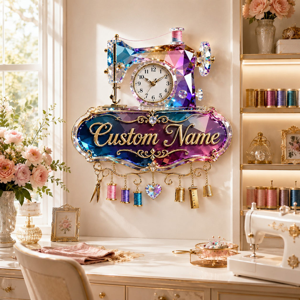 Sewing machine Custom Name Wall Clock — personalized with a custom name