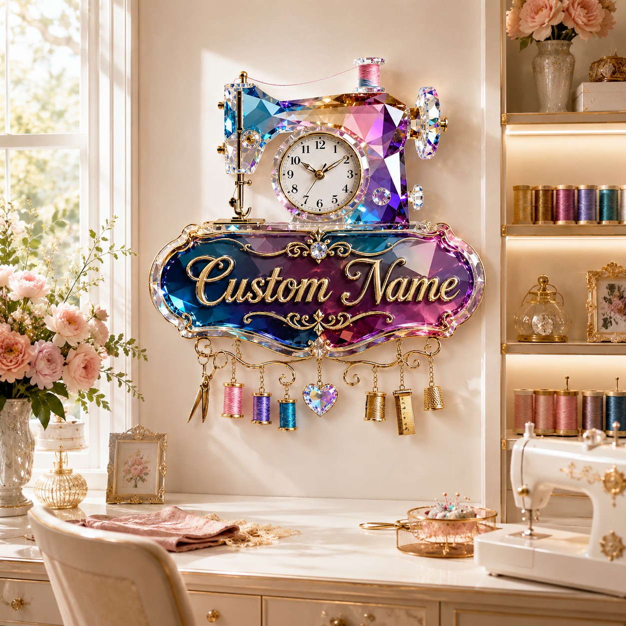 Sewing machine Custom Name Wall Clock — personalized with a custom name