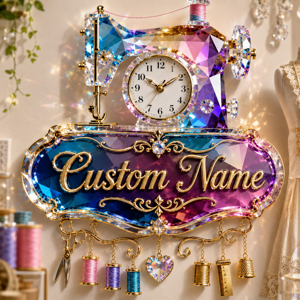 Sewing machine Custom Name Wall Clock — personalized with a custom name
