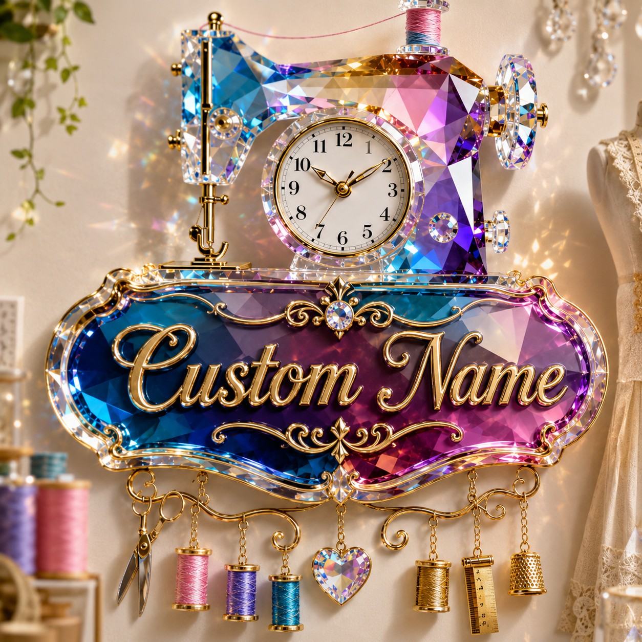 Sewing machine Custom Name Wall Clock — personalized with a custom name