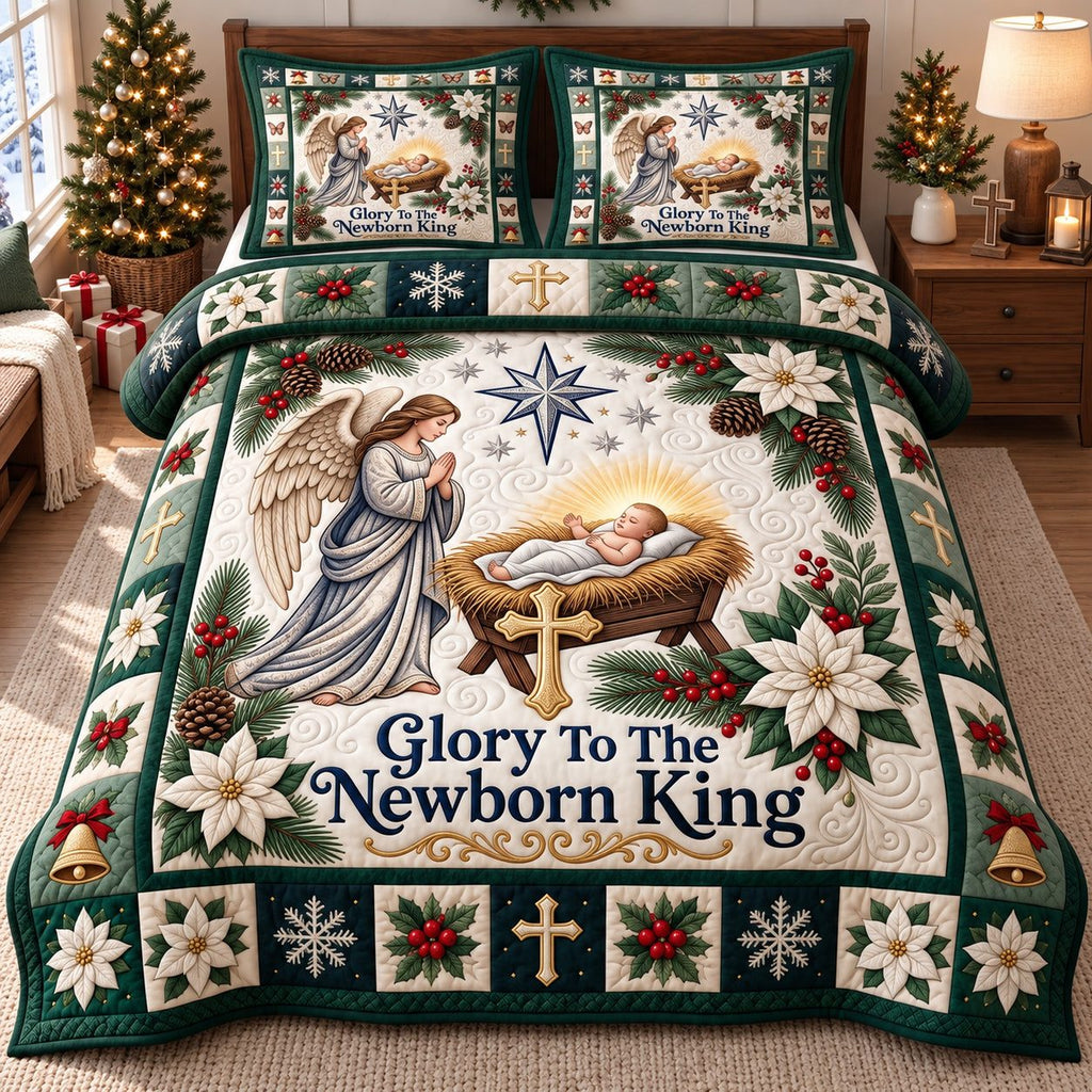 Glory Newborn King quilted 3-piece bedding set on a made bed with two matching pillow shams