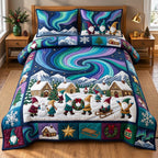 Gnome Aurora Christmas Village quilted 3-piece bedding set on a made bed in a winter-styled bedroom