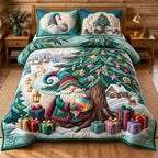 Gnome Beneath Christmas Tree quilted 3-piece bedding set on a made bed in a winter-styled bedroom