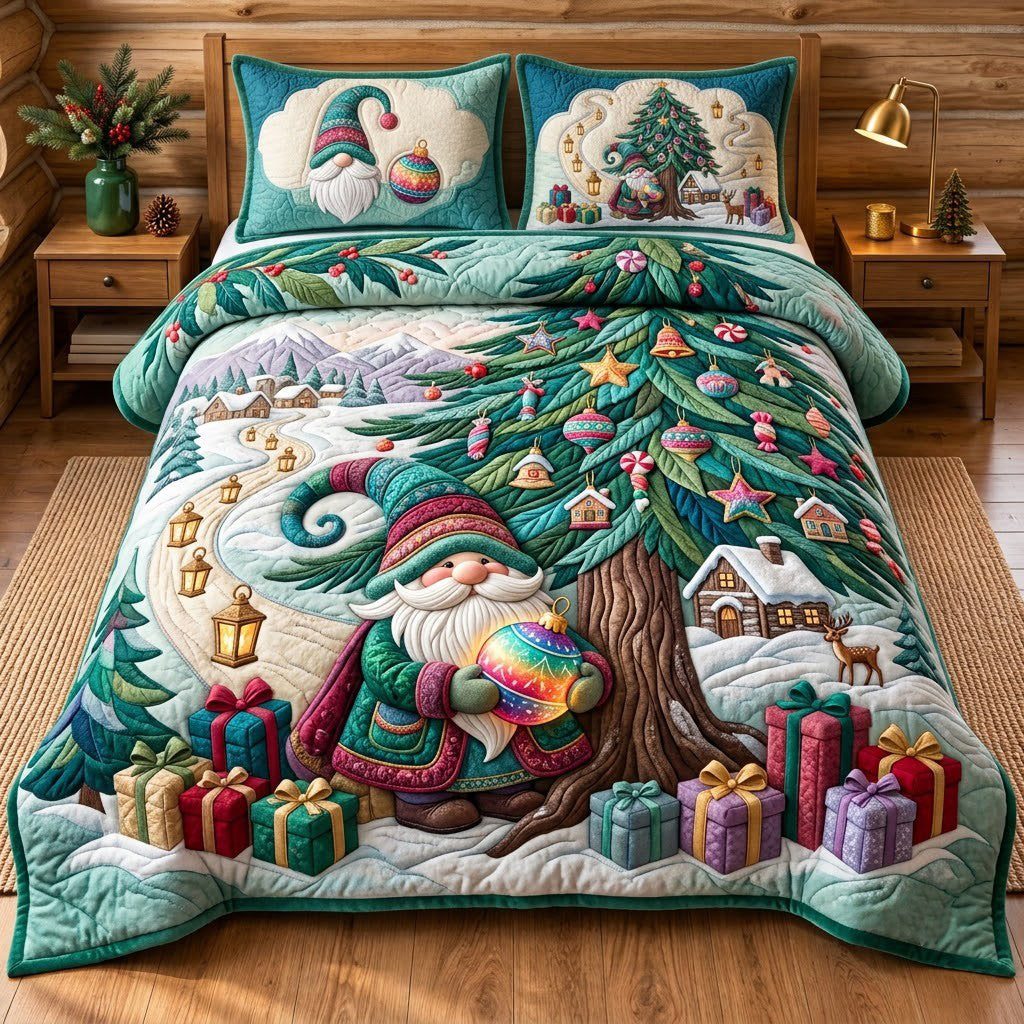 Gnome Beneath Christmas Tree quilted 3-piece bedding set on a made bed in a winter-styled bedroom