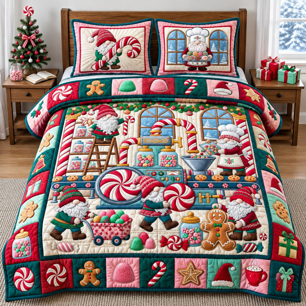 Gnome Candy Factory quilted 3-piece bedding set on a made bed with two matching pillow shams