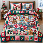 Gnome Candy Factory quilted 3-piece bedding set on a made bed with two matching pillow shams