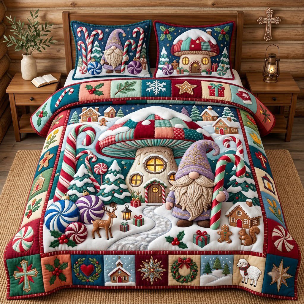 Gnome Candy Mushroom House quilted 3-piece bedding set on a made bed with two matching pillow shams