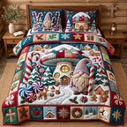 Gnome Candy Mushroom House quilted 3-piece bedding set on a made bed with two matching pillow shams