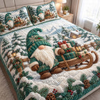 Gnome Christmas Cheer quilted 3-piece bedding set on a made bed in a winter-styled bedroom