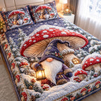 Gnome Christmas Joy quilted 3-piece bedding set on a made bed in a winter-styled bedroom