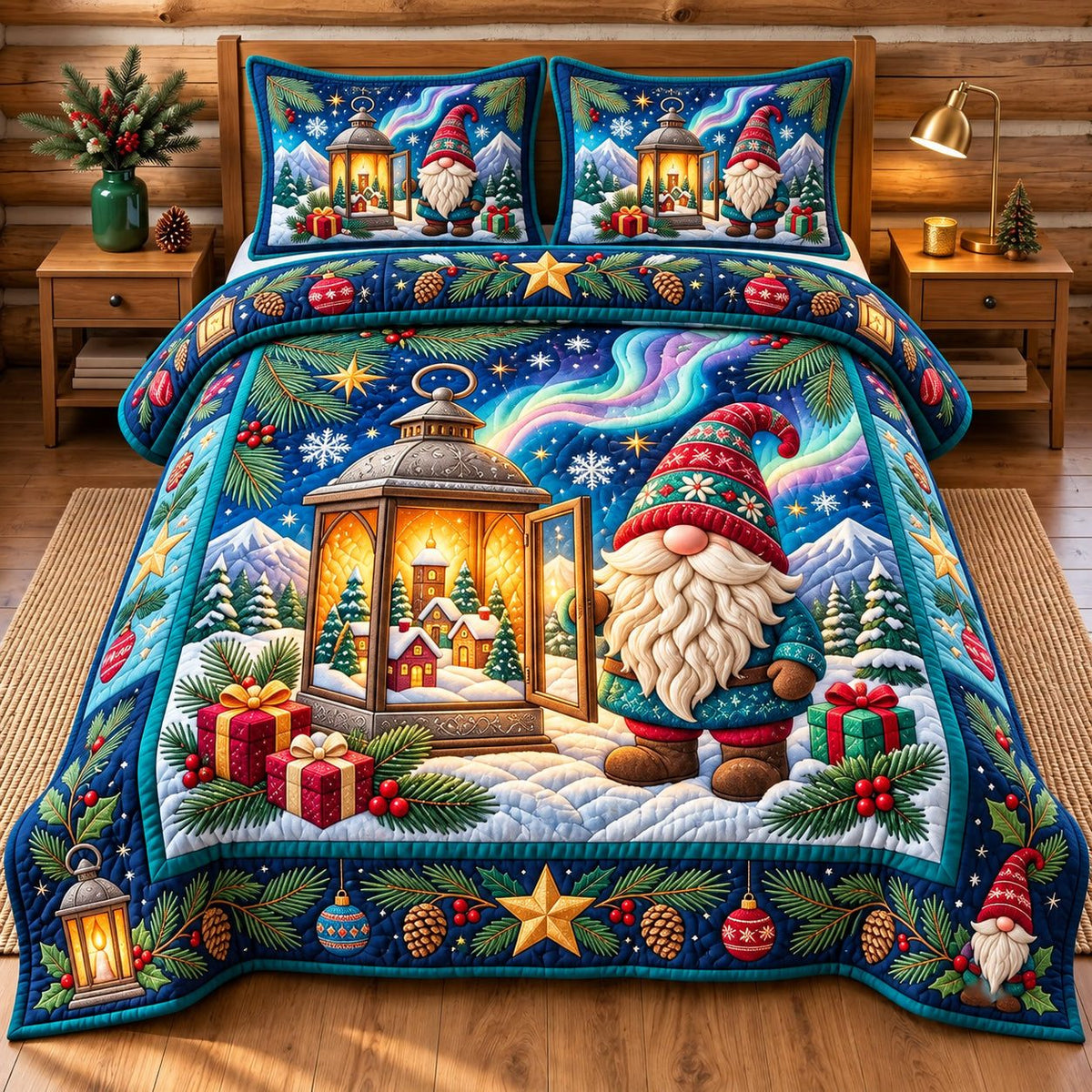 Gnome Christmas Lantern World quilted 3-piece bedding set on a made bed in a winter-styled bedroom