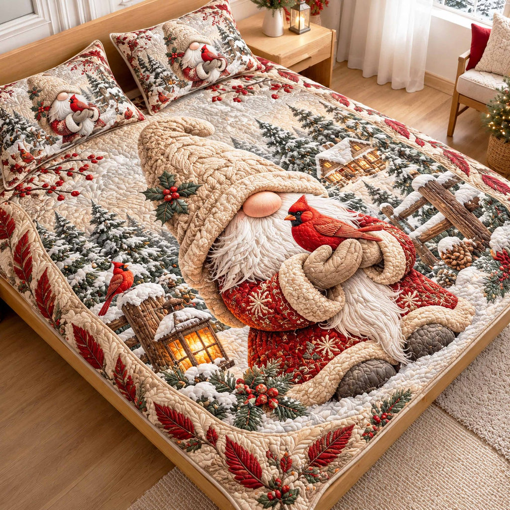 Gnome Christmas Magic quilted 3-piece bedding set on a made bed in a winter-styled bedroom