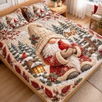 Gnome Christmas Magic quilted 3-piece bedding set on a made bed in a winter-styled bedroom