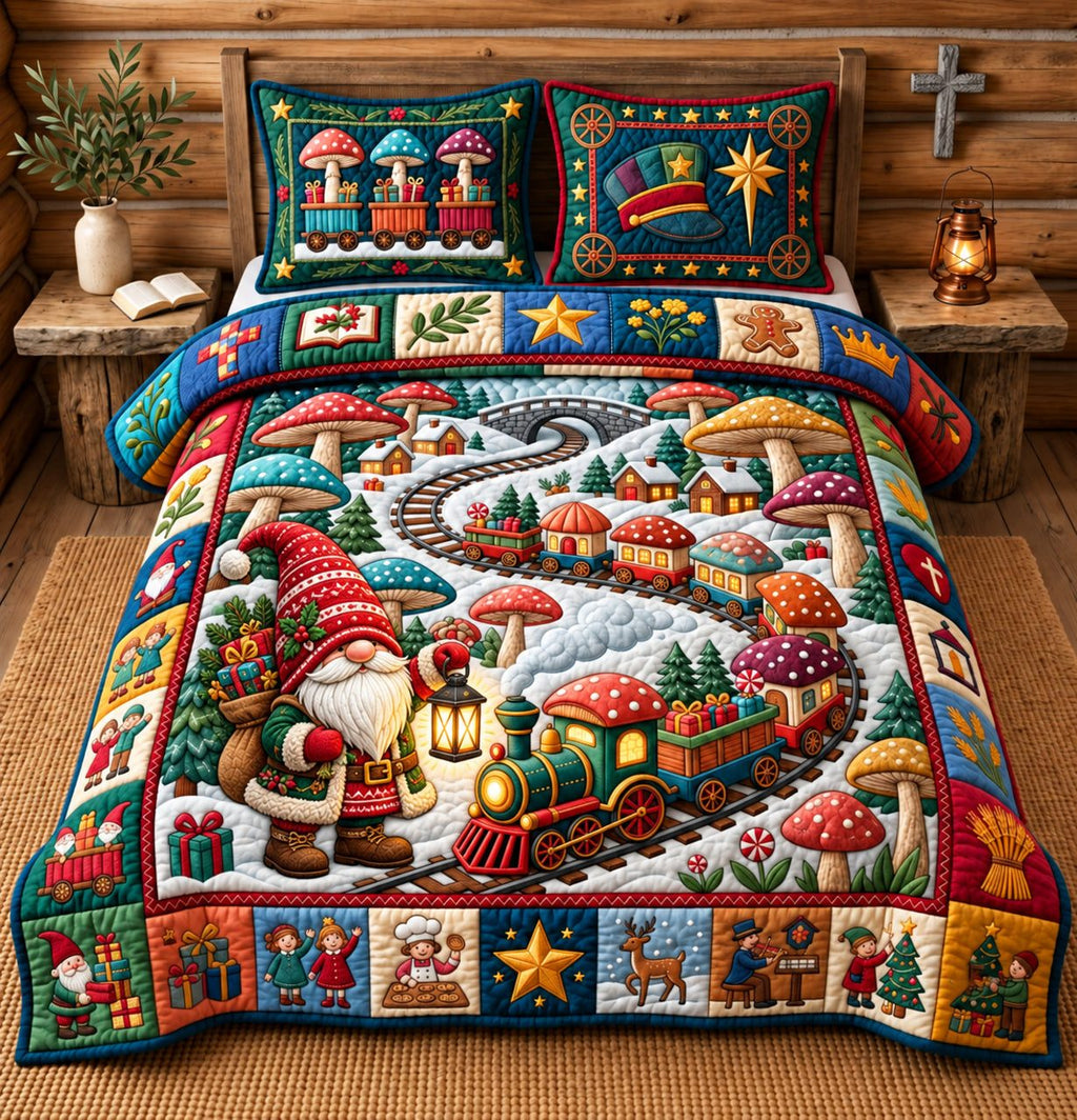 Gnome Christmas Mushroom Train quilted 3-piece bedding set on a made bed in a winter-styled bedroom