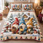 Gnome Christmas quilted 3-piece bedding set on a made bed in a winter-styled bedroom