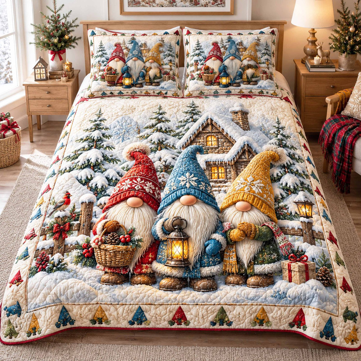 Gnome Christmas quilted 3-piece bedding set on a made bed in a winter-styled bedroom