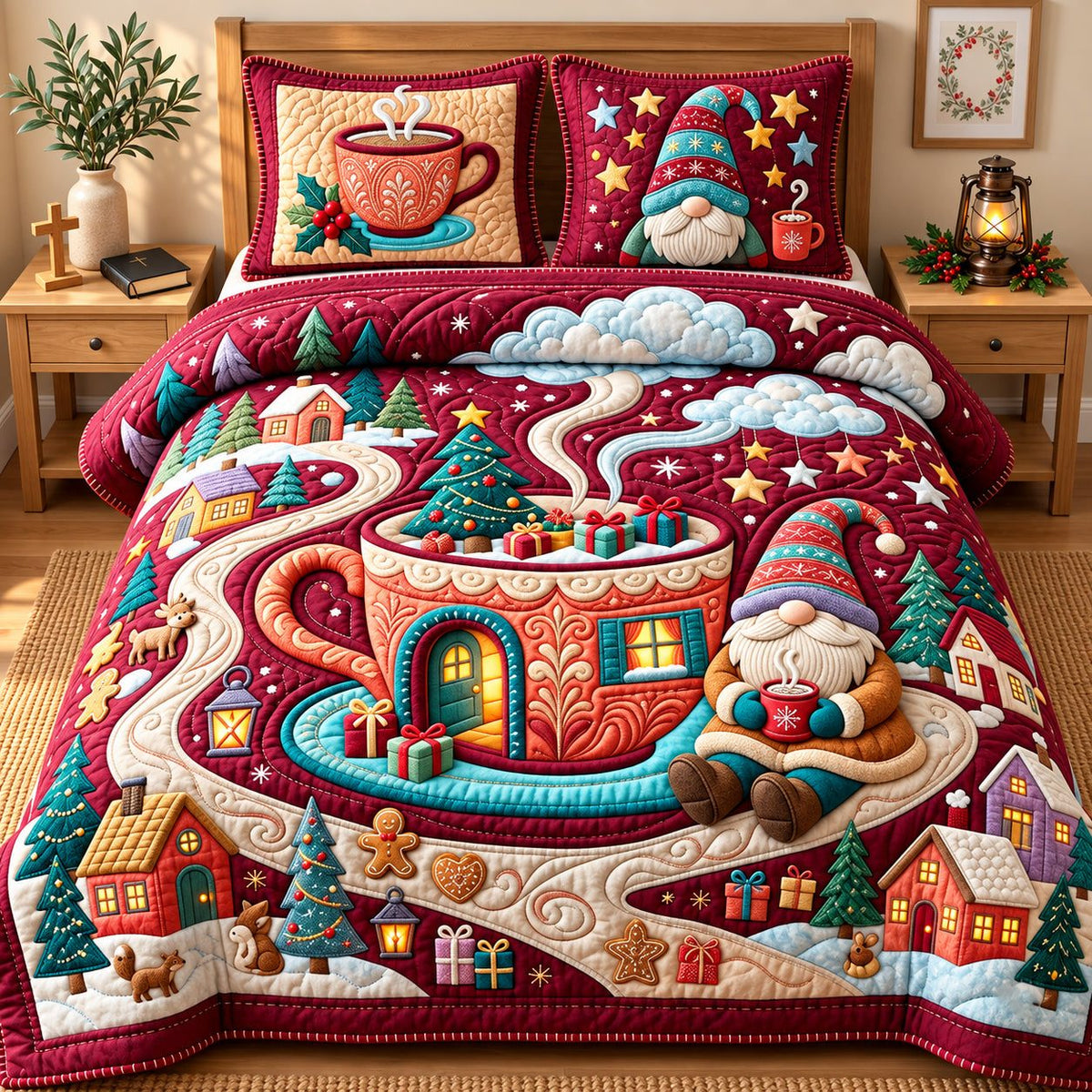 Gnome Christmas Teacup quilted 3-piece bedding set on a made bed in a winter-styled bedroom