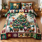 Gnome Christmas Tree quilted 3-piece bedding set on a made bed in a winter-styled bedroom