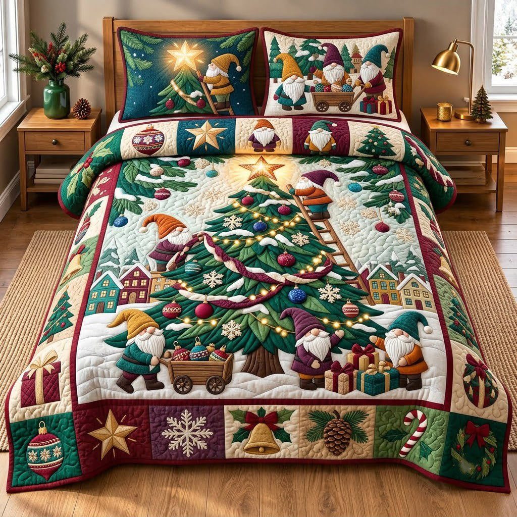 Gnome Christmas Tree quilted 3-piece bedding set on a made bed in a winter-styled bedroom