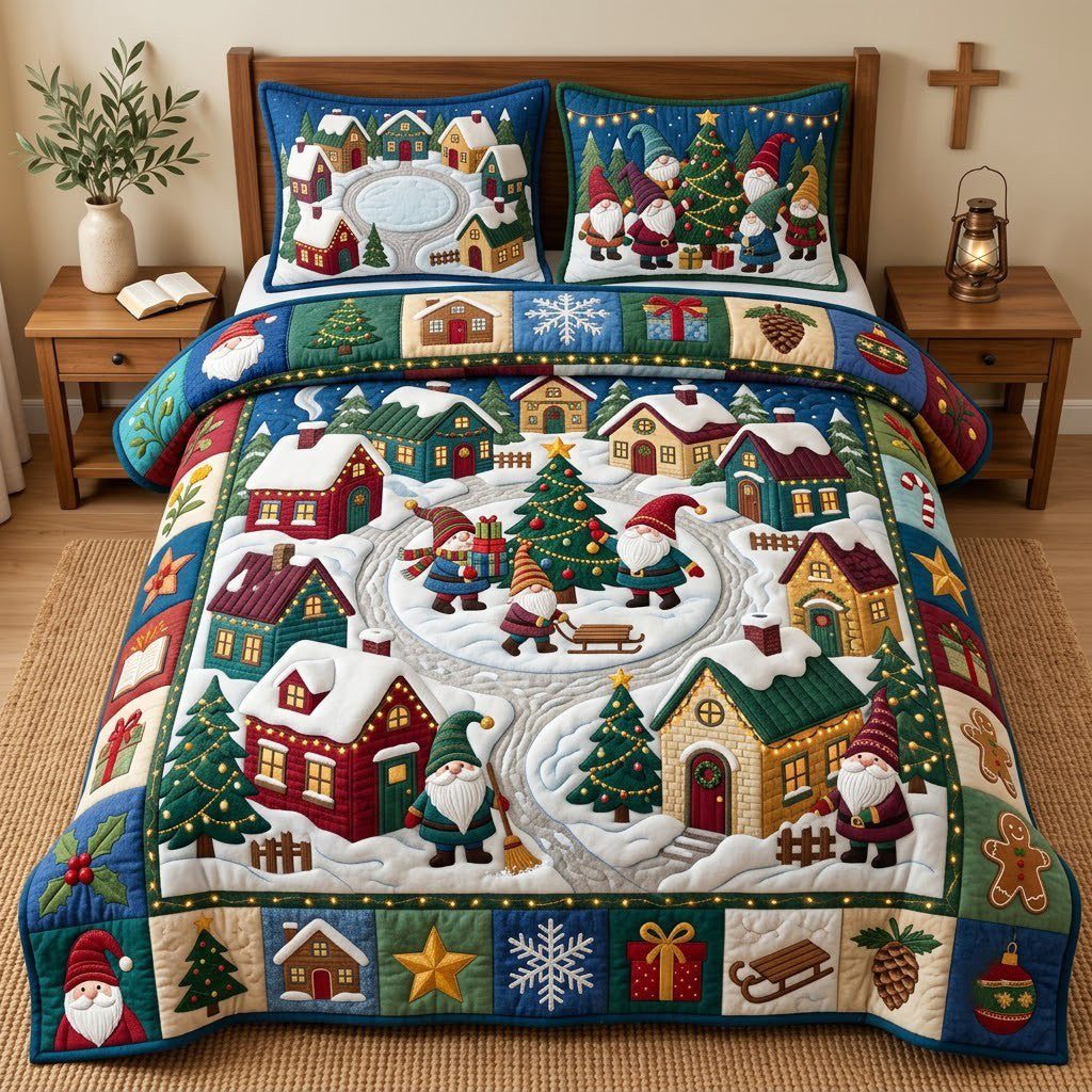 Gnome Christmas Village quilted 3-piece bedding set on a made bed in a winter-styled bedroom