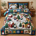 Gnome Christmas Village quilted 3-piece bedding set on a made bed in a winter-styled bedroom