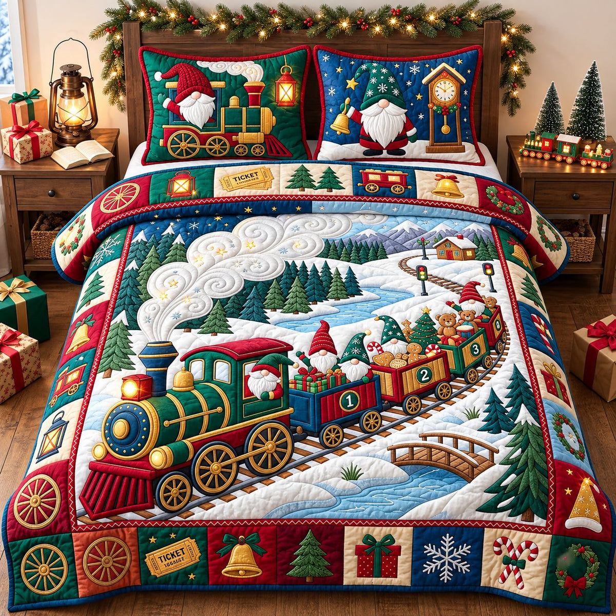 Gnome Express quilted 3-piece bedding set on a made bed with two matching pillow shams
