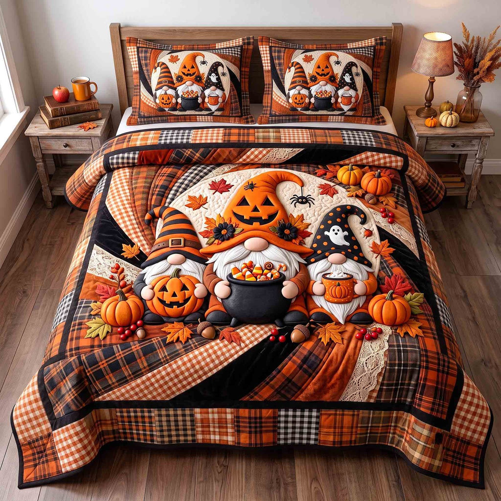 Gnome Halloween Magic quilted 3-piece bedding set on a made bed against a dark styled interior