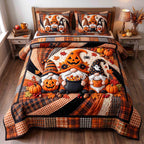 Gnome Halloween Magic quilted 3-piece bedding set on a made bed against a dark styled interior