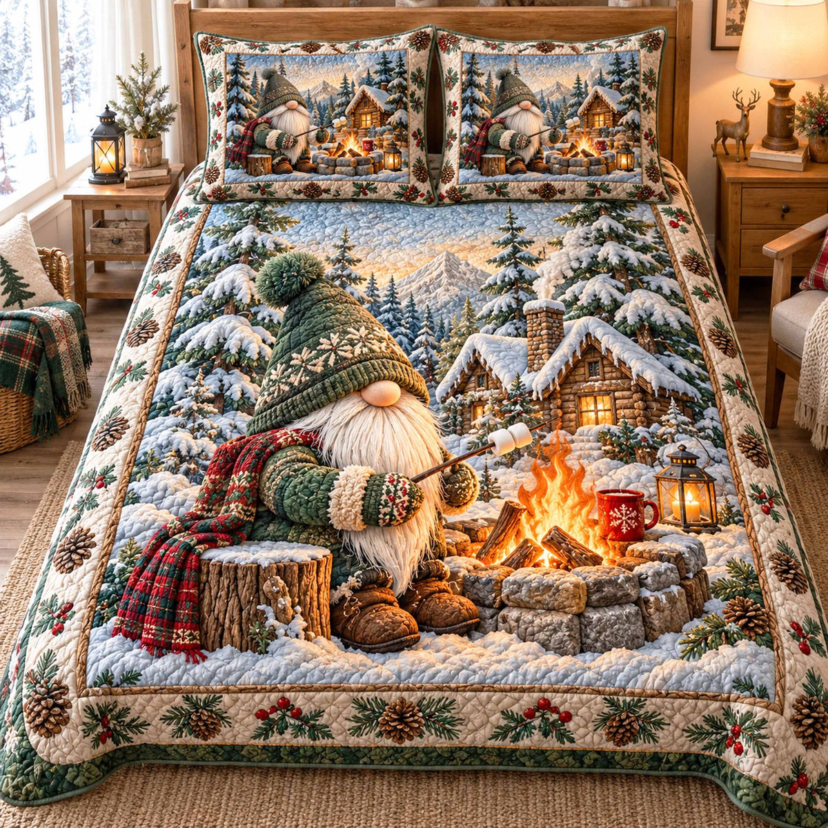 Gnome Holiday Cheer quilted 3-piece bedding set on a made bed in a winter-styled bedroom