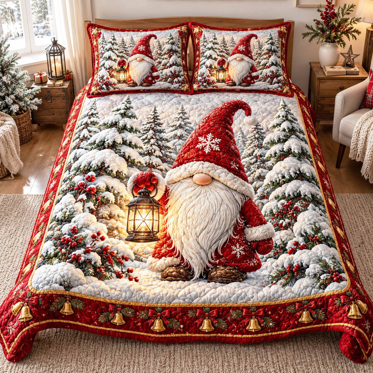 Gnome Holiday quilted 3-piece bedding set on a made bed in a winter-styled bedroom