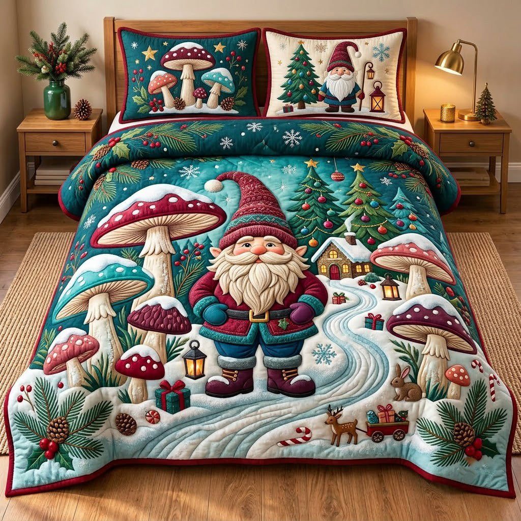 Gnome Mushroom Christmas quilted 3-piece bedding set on a made bed in a winter-styled bedroom