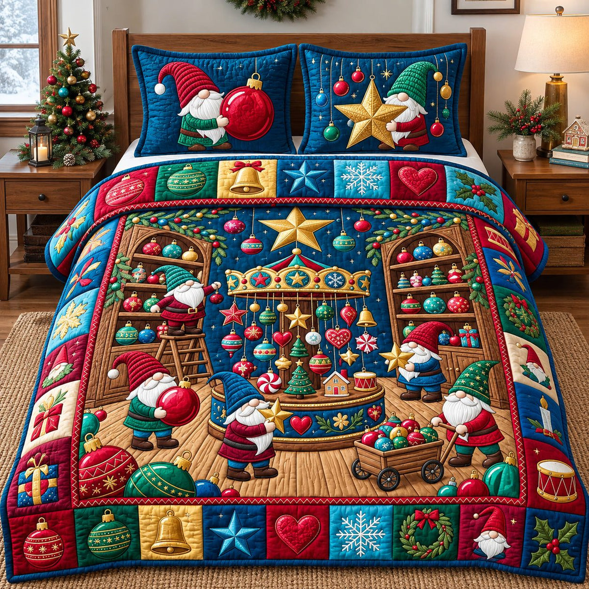 Gnome Ornament Emporium quilted 3-piece bedding set on a made bed with two matching pillow shams