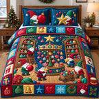 Gnome Ornament Emporium quilted 3-piece bedding set on a made bed with two matching pillow shams