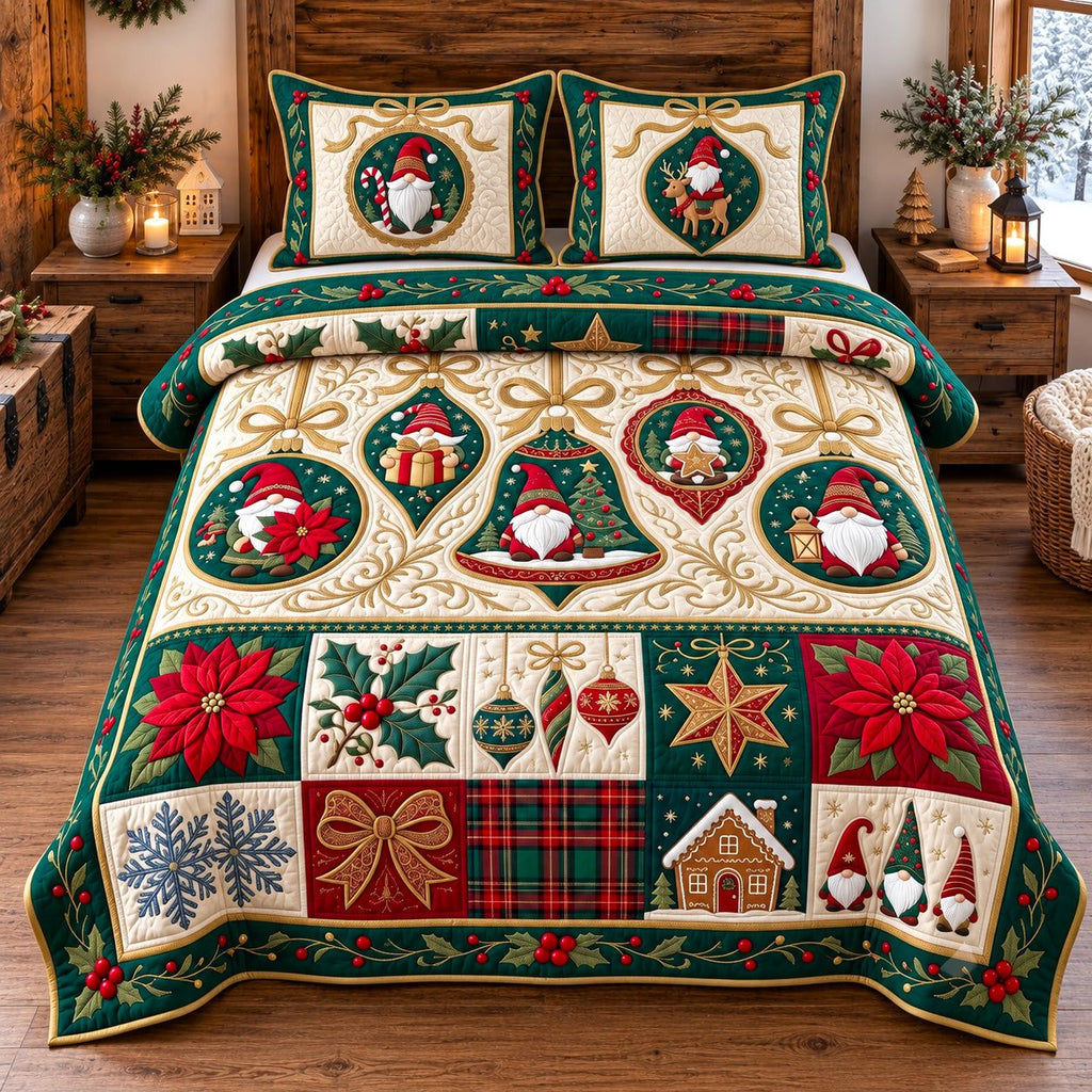 Gnome Ornament Patchwork quilted 3-piece bedding set on a made bed in a farmhouse bedroom