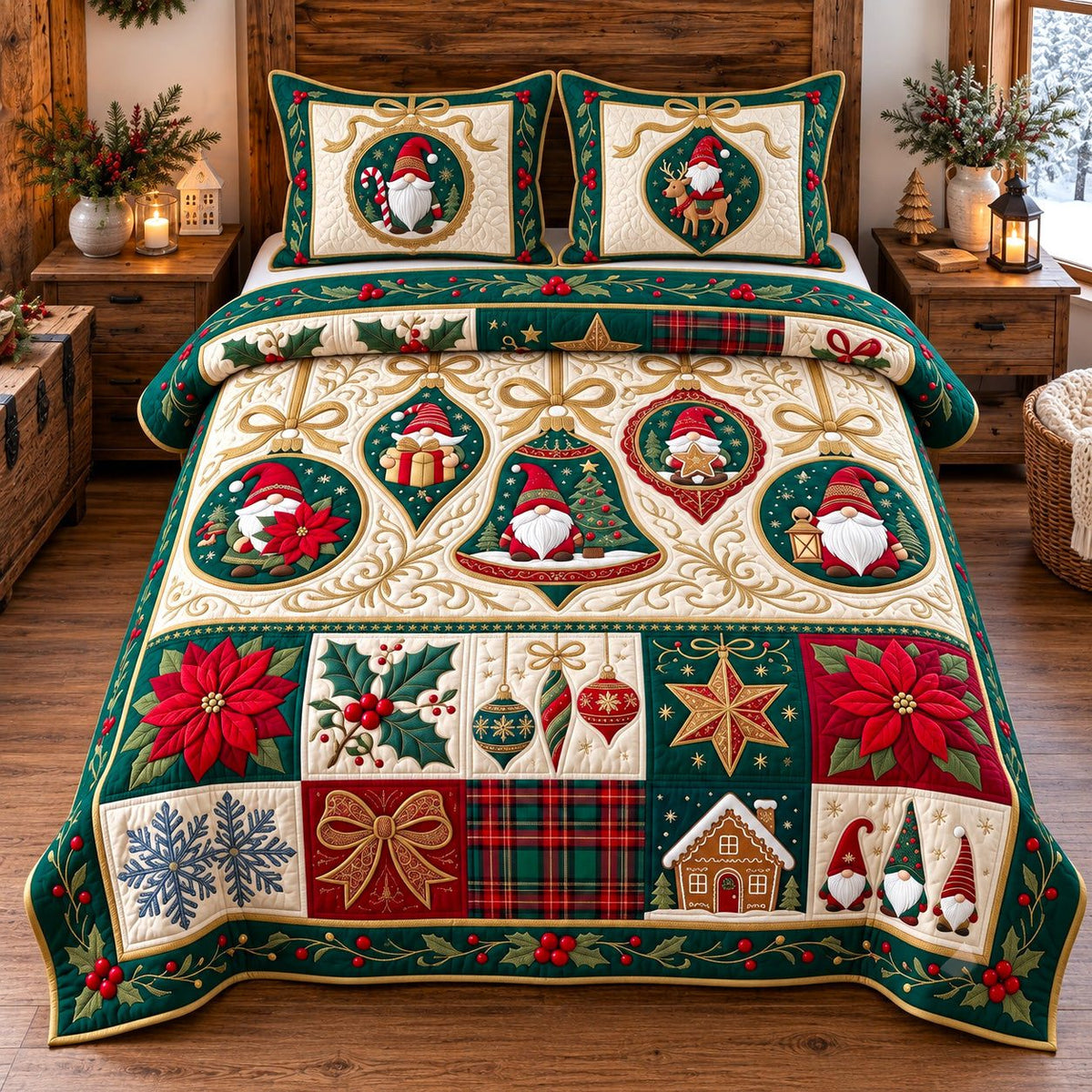 Gnome Ornament Patchwork quilted 3-piece bedding set on a made bed in a farmhouse bedroom