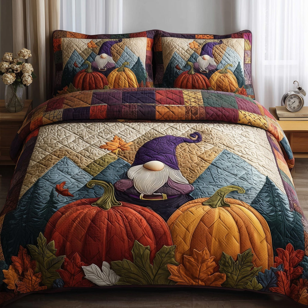 Gnome Pumpkin Patch Purple quilted 3-piece bedding set on a made bed against a dark styled interior