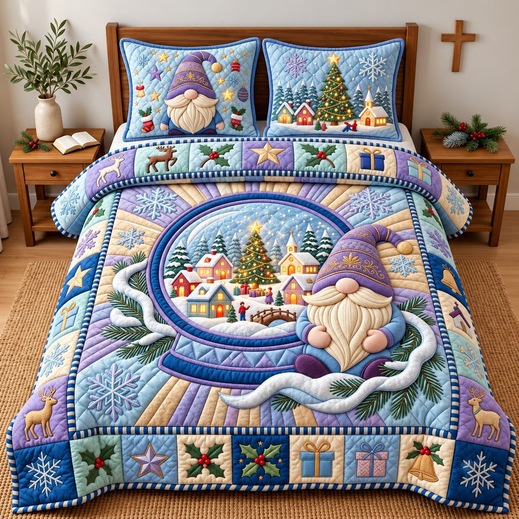 Gnome Snow Globe quilted 3-piece bedding set on a made bed with two matching pillow shams