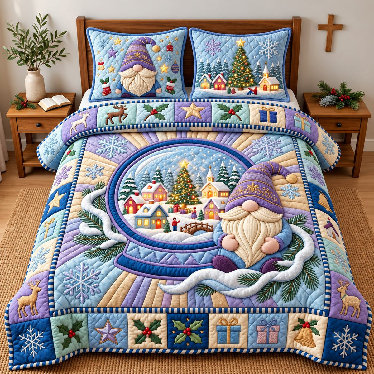 Gnome Snow Globe quilted 3-piece bedding set on a made bed with two matching pillow shams
