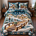 Gnome Winter Journey quilted 3-piece bedding set on a made bed in a winter-styled bedroom